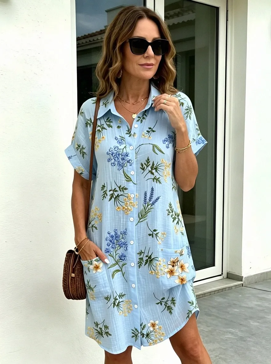 Women's Summer Vacation Floral Botanical Printed Shirt Dress