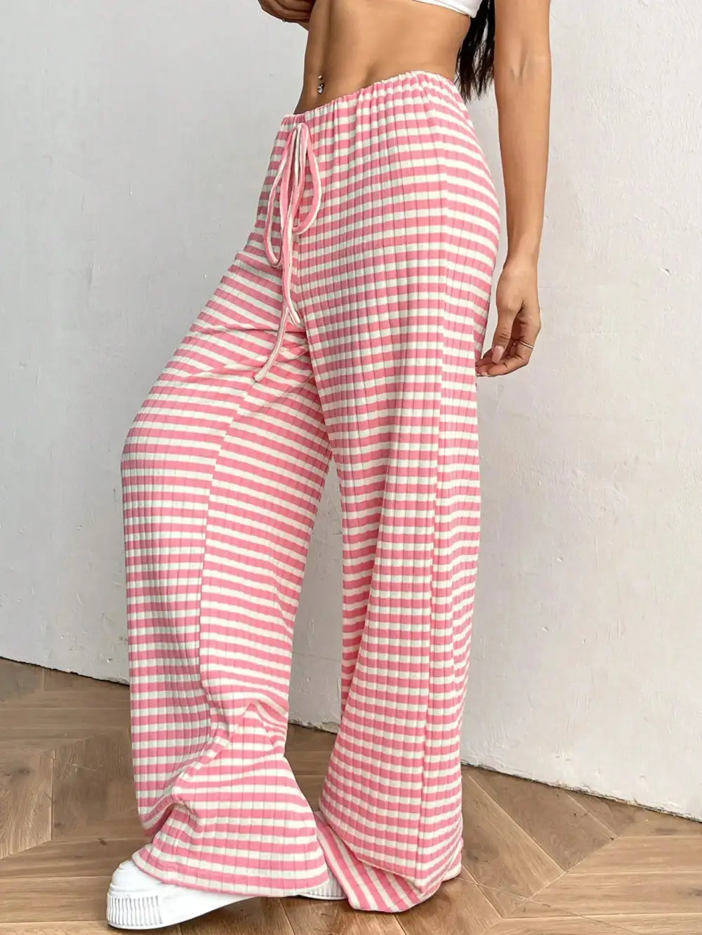 Wide Leg Drawstring Striped Casual Pants