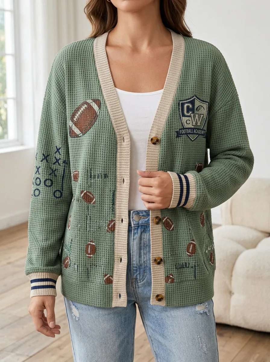 Women's Football Academy American Football Printed Waffle Cardigan