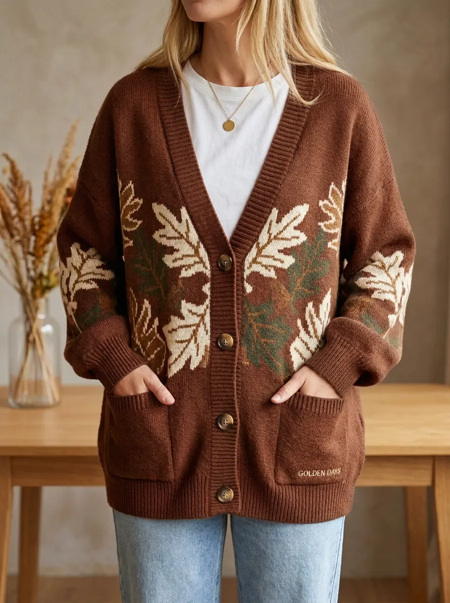 Botanical Detail Maple Leaf Pattern Patterned Women's Knit Cardigan
