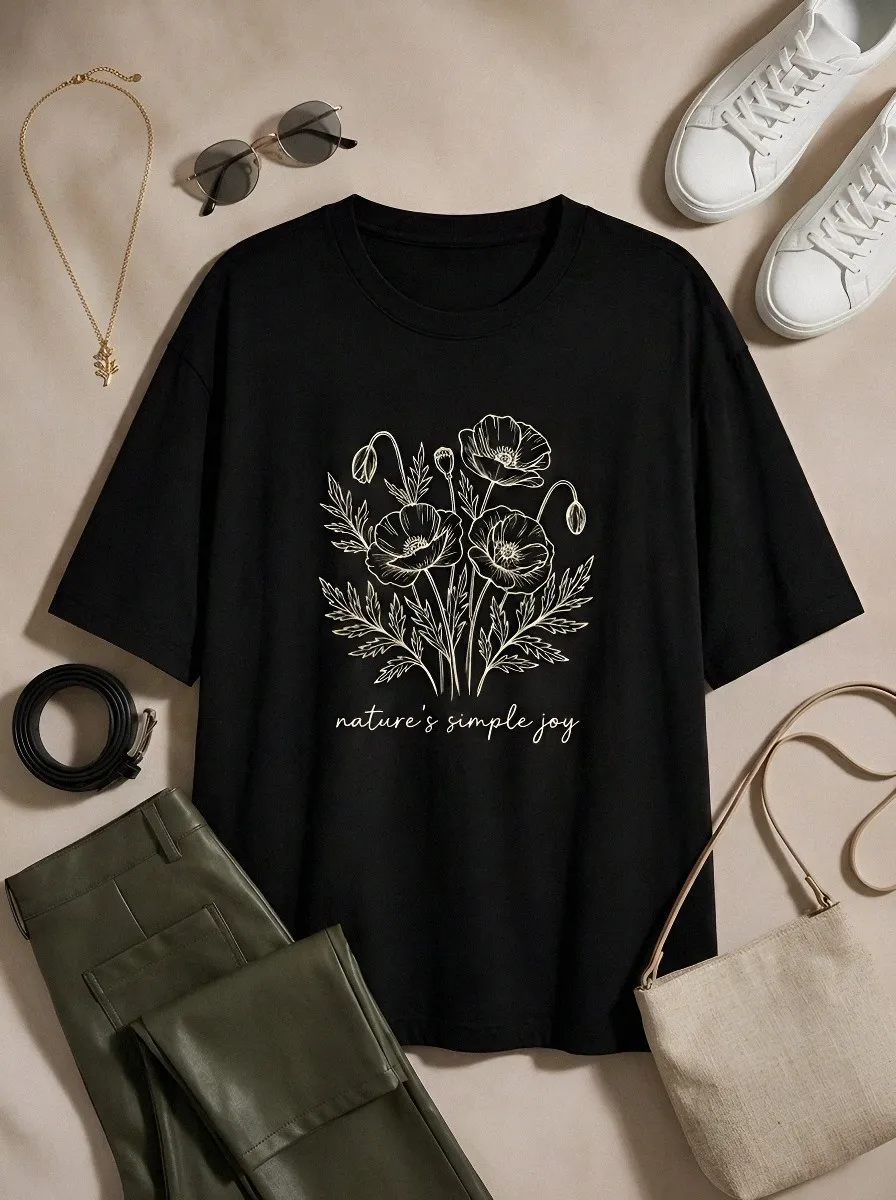 Women's Nature Lover Poppy Flower Nature's Simple Joy Printed T-shirt