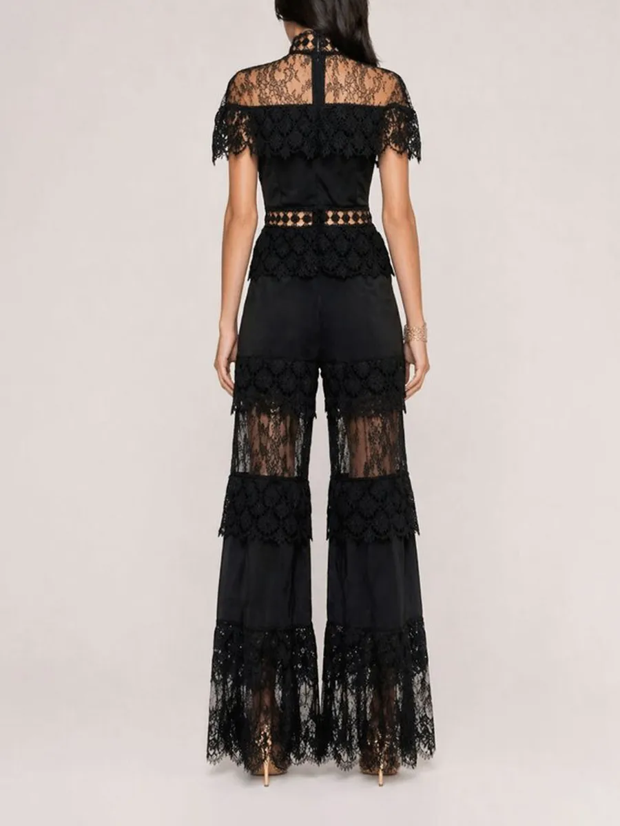 Ivana Elegant High-Neck Ruffled Short-Sleeved Lace Set