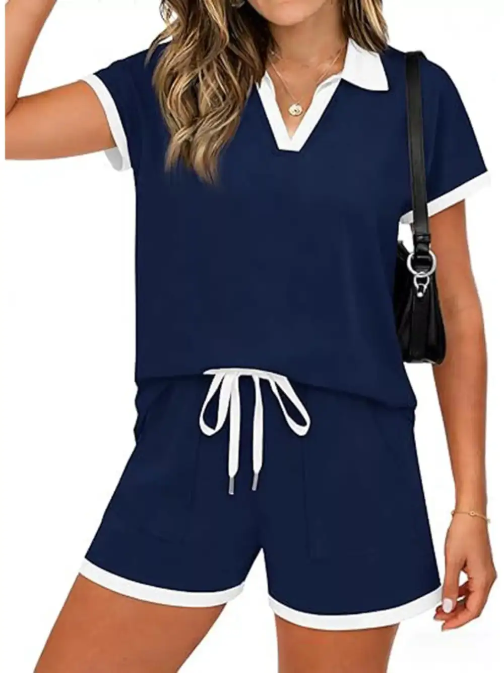 Polo Collar Short Sleeve Top Shorts Set