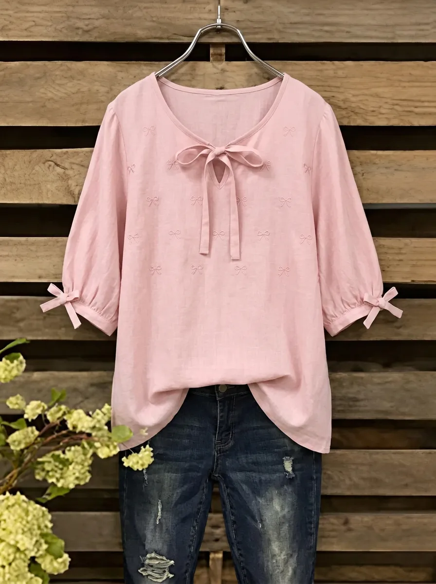 Women's V-neck Tie-neck Bow Embroidered Blouse