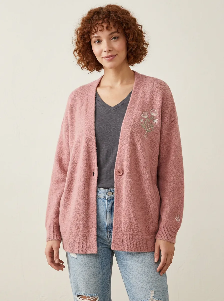 Women's Floral Embroidered Pink Knitted Cardigan