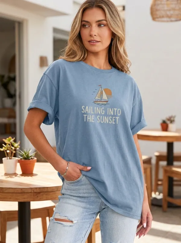 Women's Sailing Lover Sunset Boat Graphic Printed T-shirt