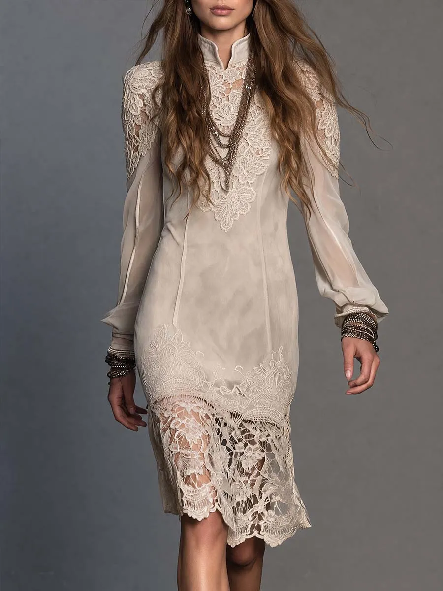 Boho Cream Lace Applique High Neck Sheer Long Sleeve Midi Dress
