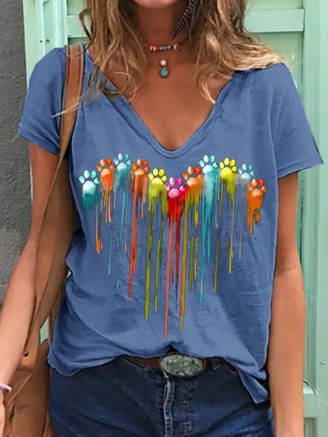 Women's Colorful Dog Paw Heart Print V-Neck T-Shirt