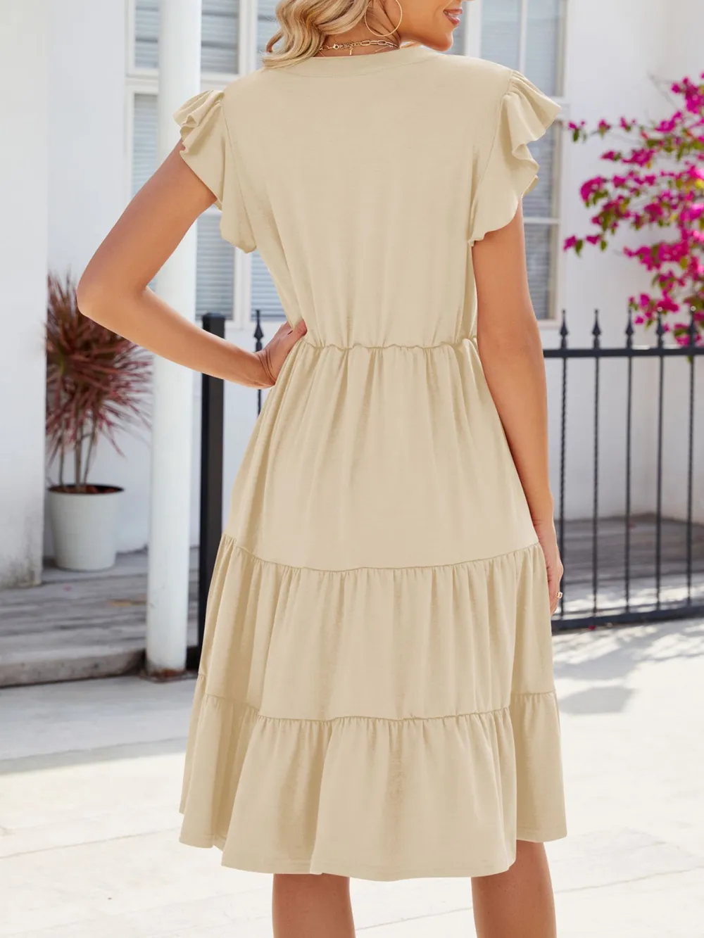 Ruffled Notched Tiered Midi Dress