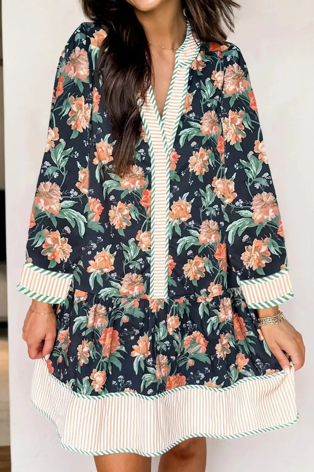 Balanced Detail Floral Striped V Neck Mini Dress