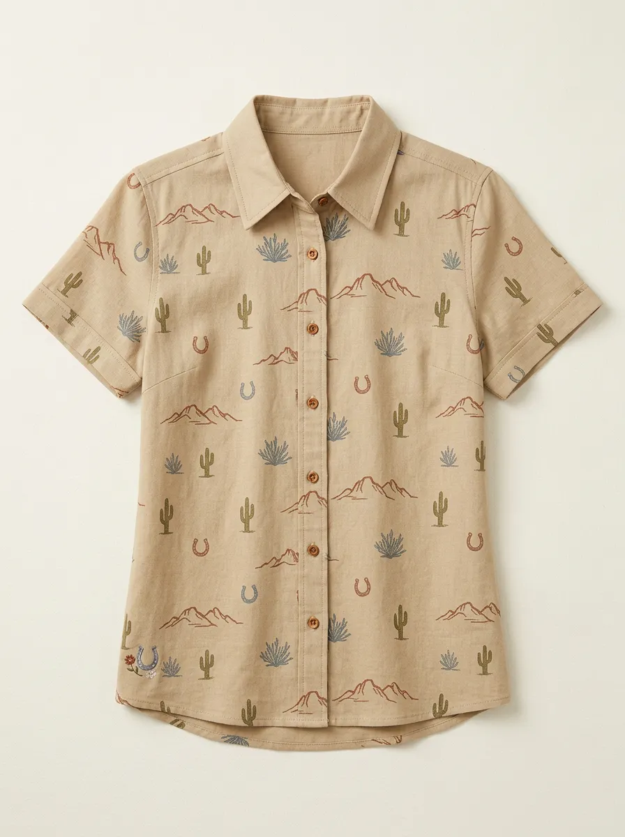 Women's Western Desert Cactus Horseshoe Printed Short Sleeve Shirt