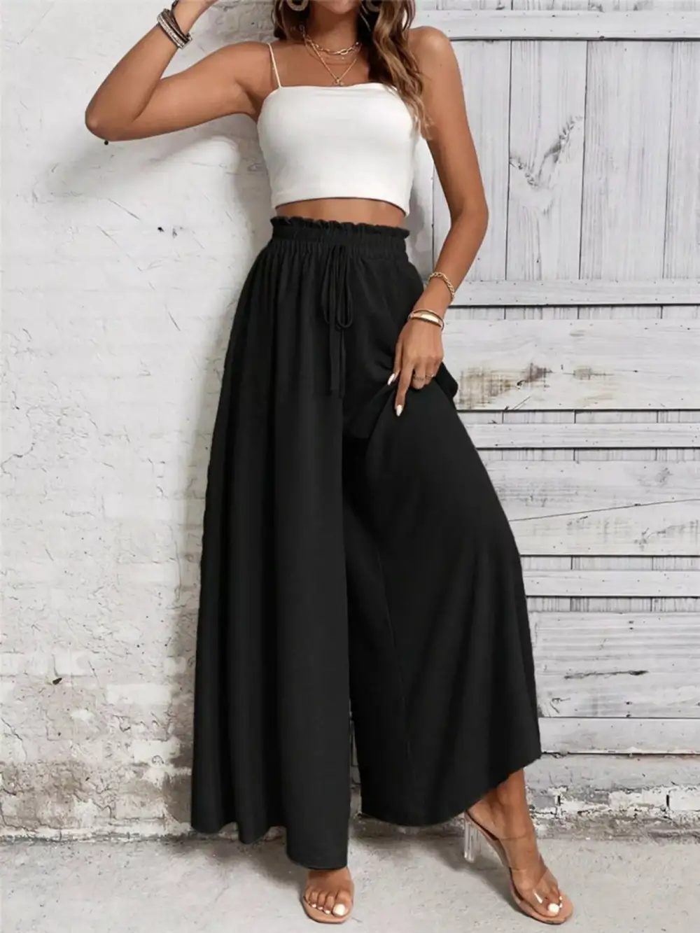 Wide Leg Ruffle Detail Casual Everyday Pants