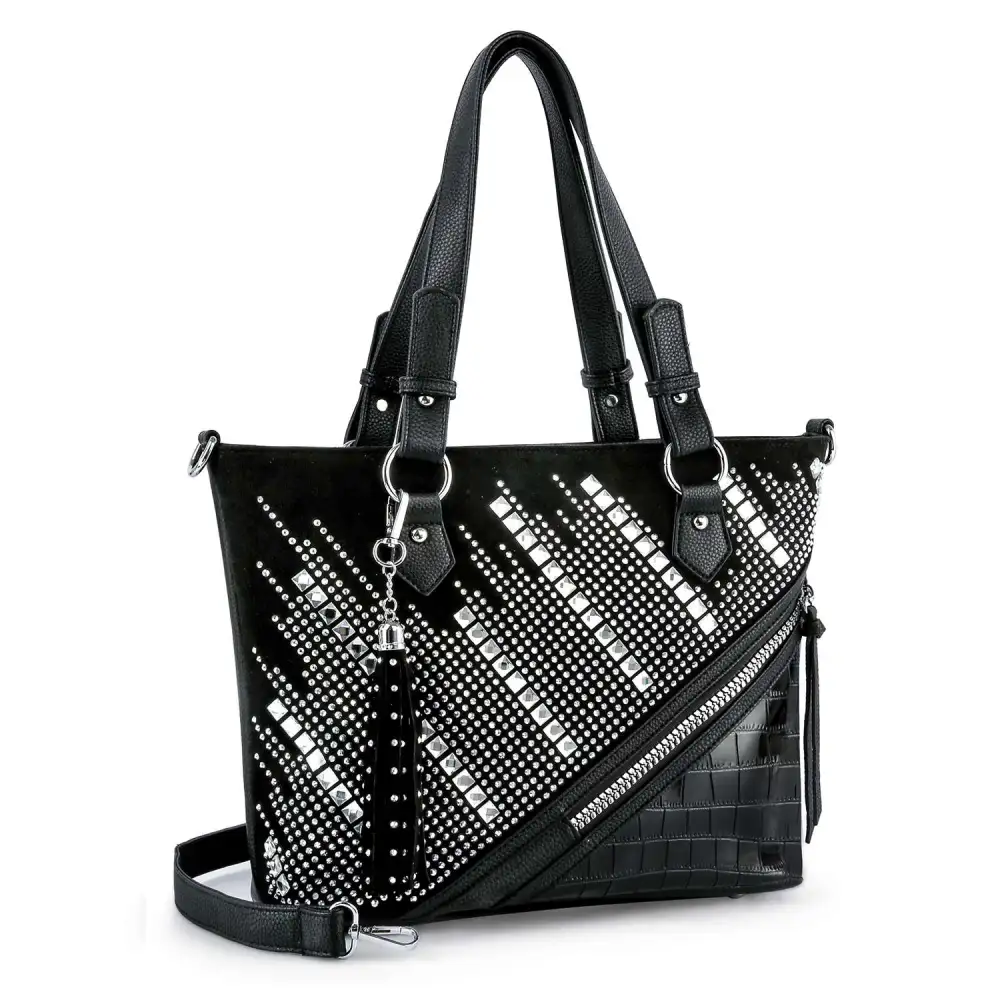 Zipper Accented Rhinestone Bling Tote Bag