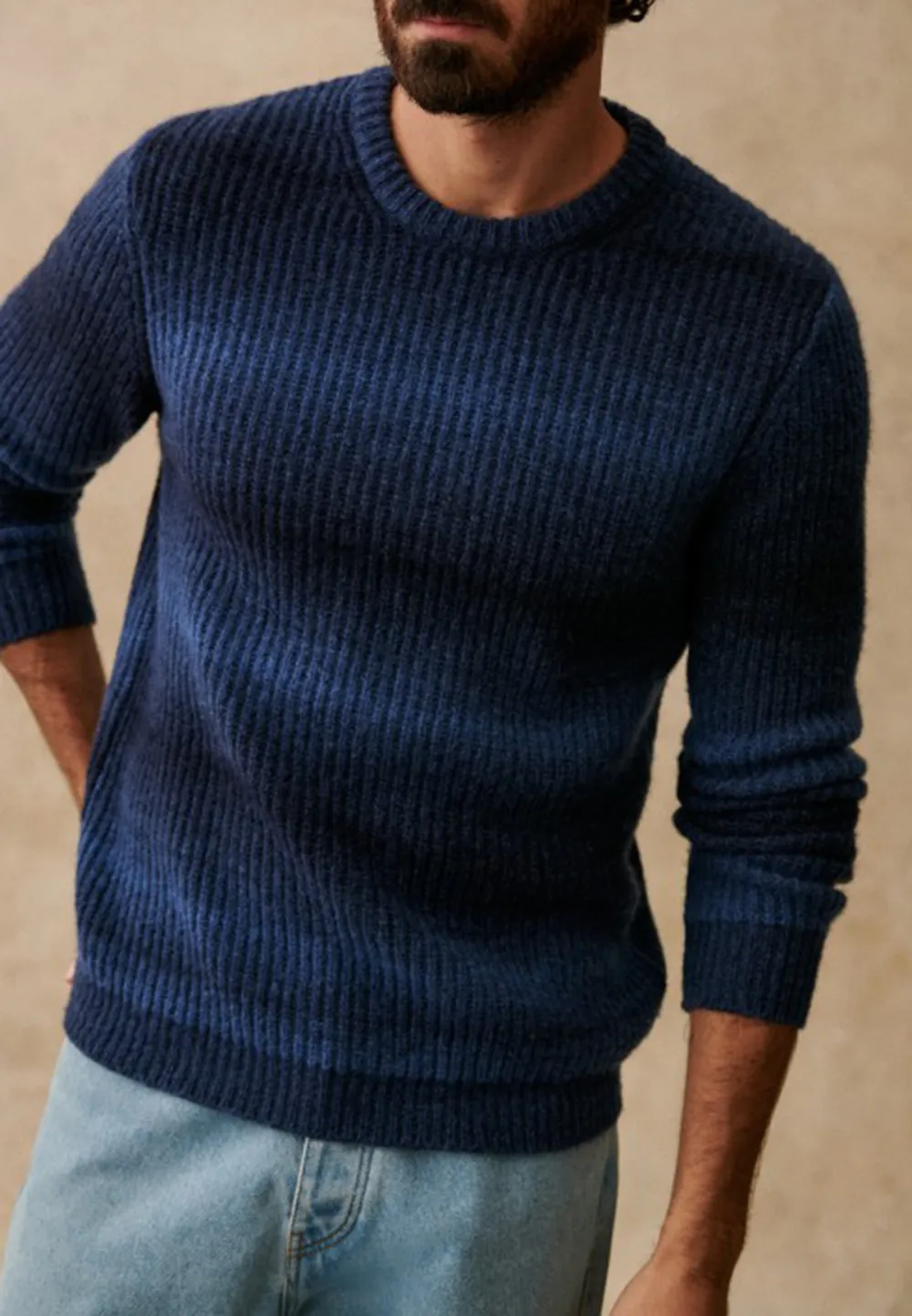 Blue Ombre Ribbed Knit Crew Neck Sweater