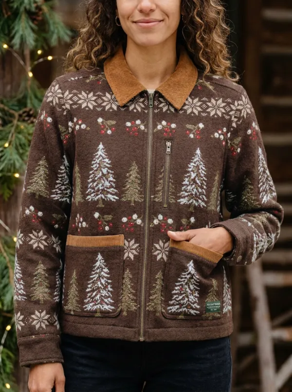 Christmas Holiday Pine Tree Snowflake Print Zip-up Jacket