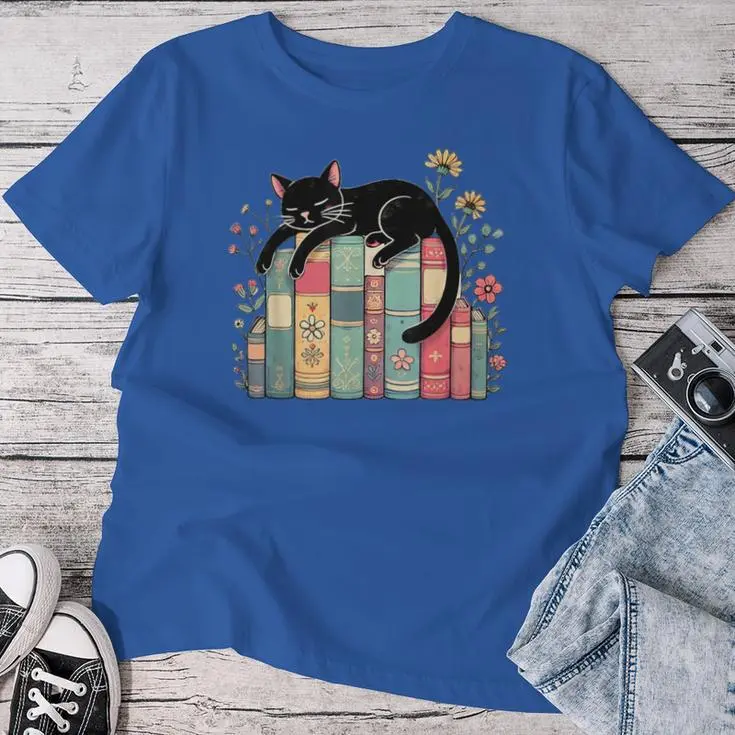 Floral Black Cat Sleeping On Books Women T-shirt