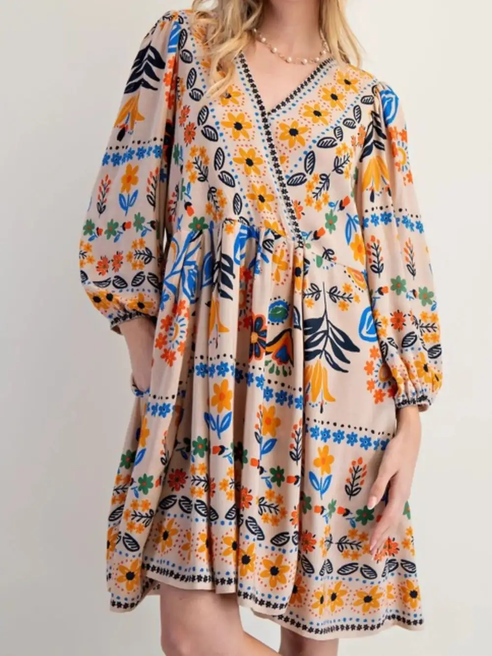 Structured Shape Floral Printed Long Sleeve Mini Dress