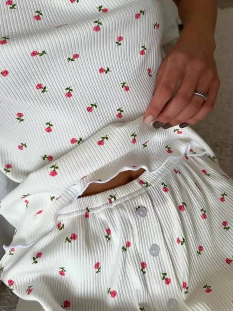 Ribbed Floral-Print Top and Shorts Lounge Set