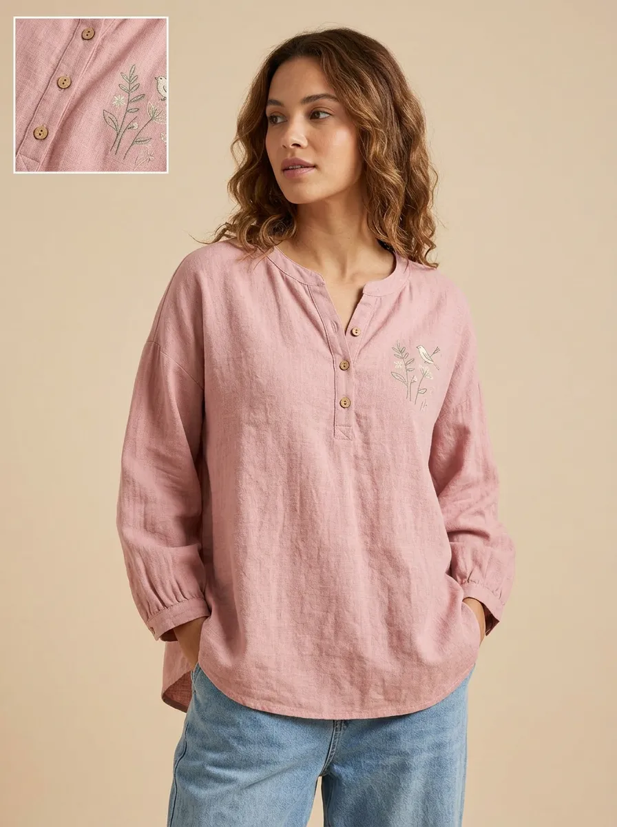 Women's Nature Lover Bird and Floral Embroidered Pink Cotton And Linen Blend Top