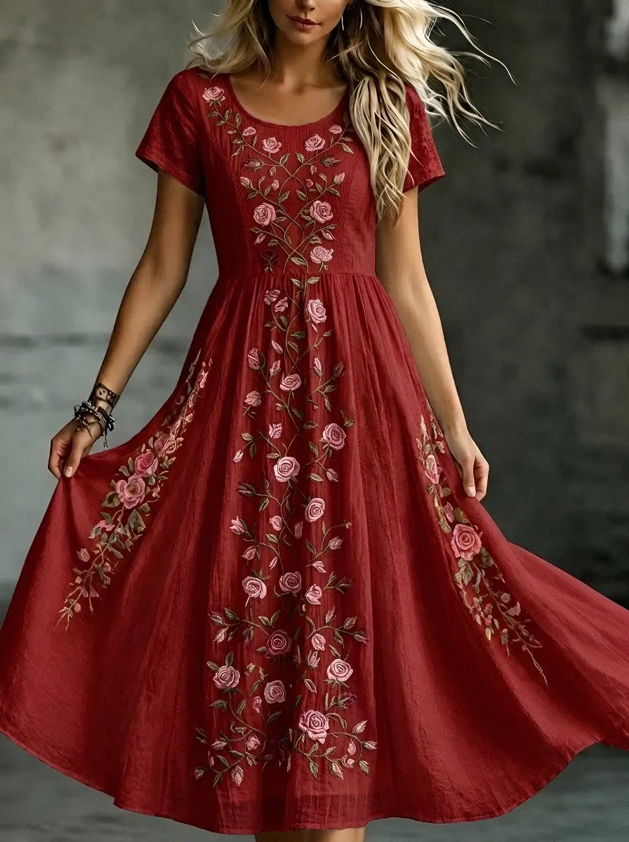 Women's Breast Cancer Awareness Rose Floral Embroidered Printed Dress