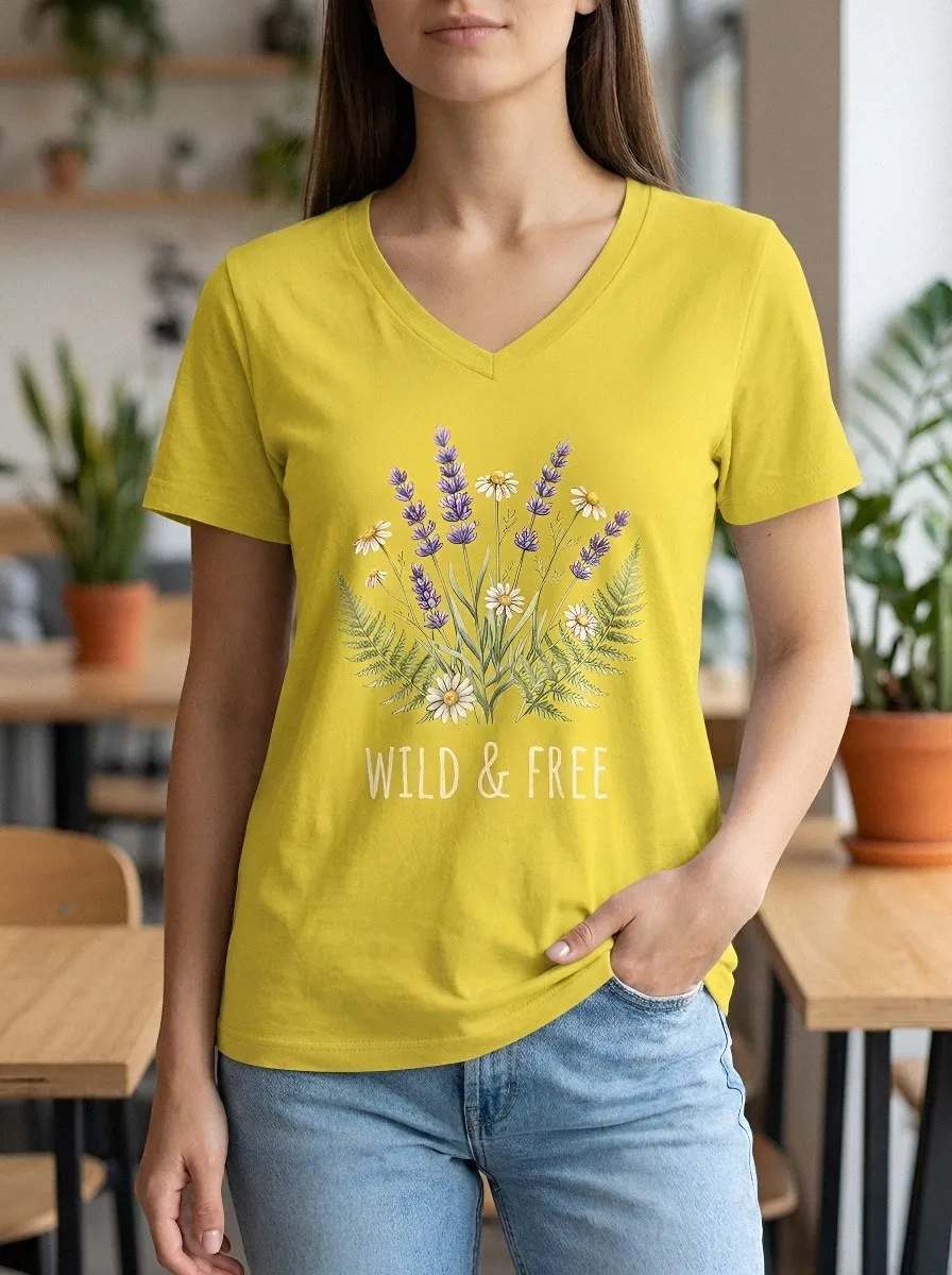 Women's Wild & Free Lavender Daisy Fern Printed V-neck T-shirt