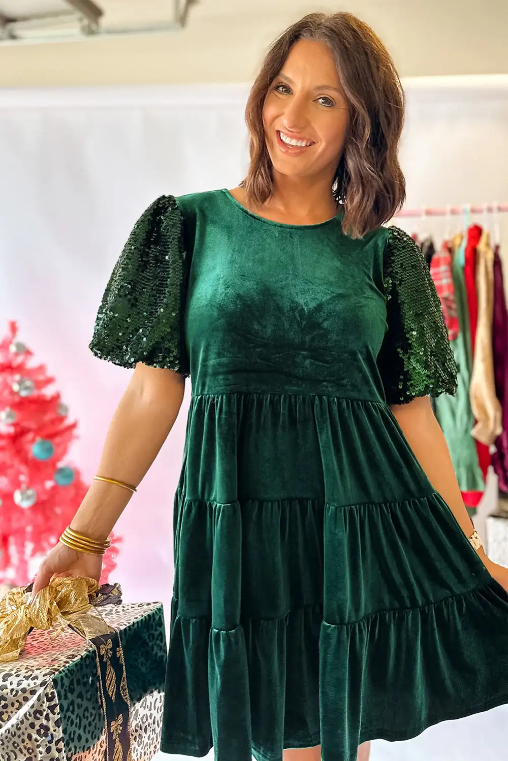 Evergreen Sequin Puff Sleeve High Waist Tiered Velvet Mini Dress