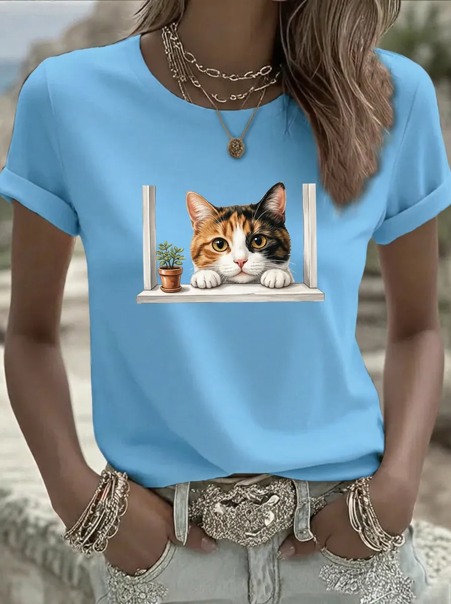 Women's Cat Lover Calico Cat Window Potted Plant Printed T-shirt