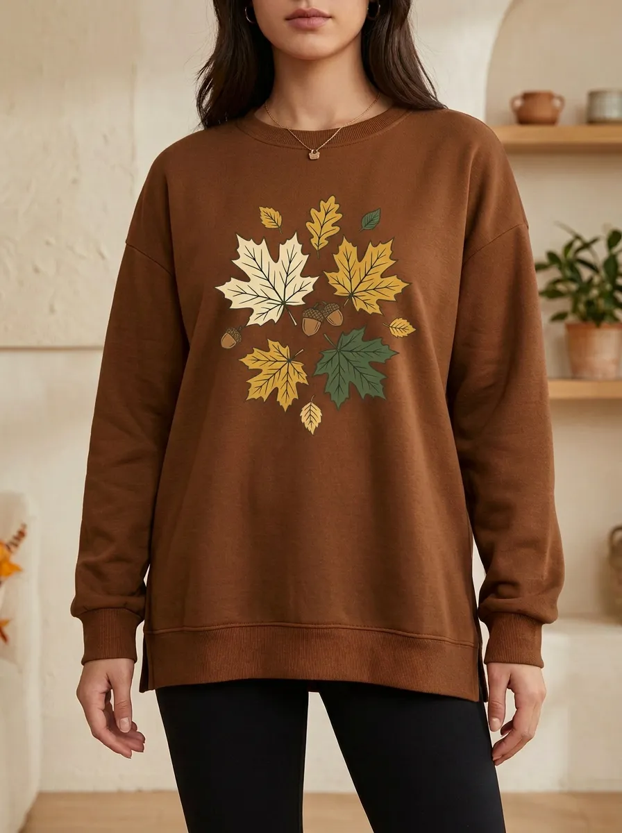 Textured Silhouette Maple-Leaf Printed Acorn Graphic Sweatshirt