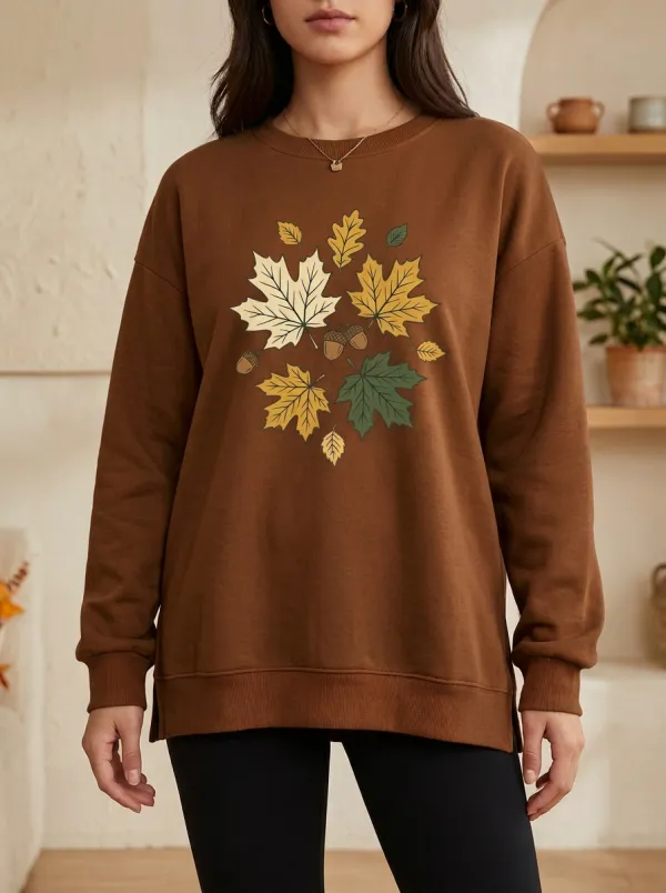 Textured Silhouette Maple-Leaf Printed Acorn Graphic Sweatshirt