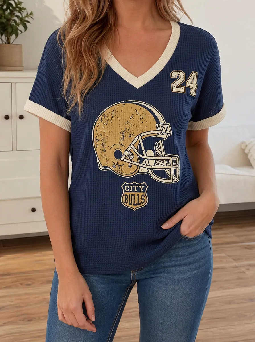 Women's Football Fan City Bulls Helmet 24 Printed Waffle Top