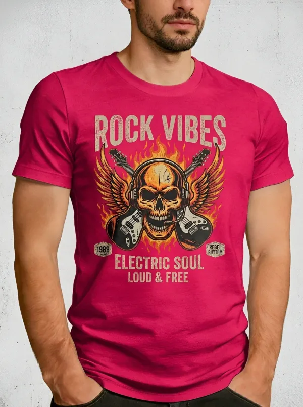 Men's Rock Music Lover Flaming Skull Guitar Printed T-shirt