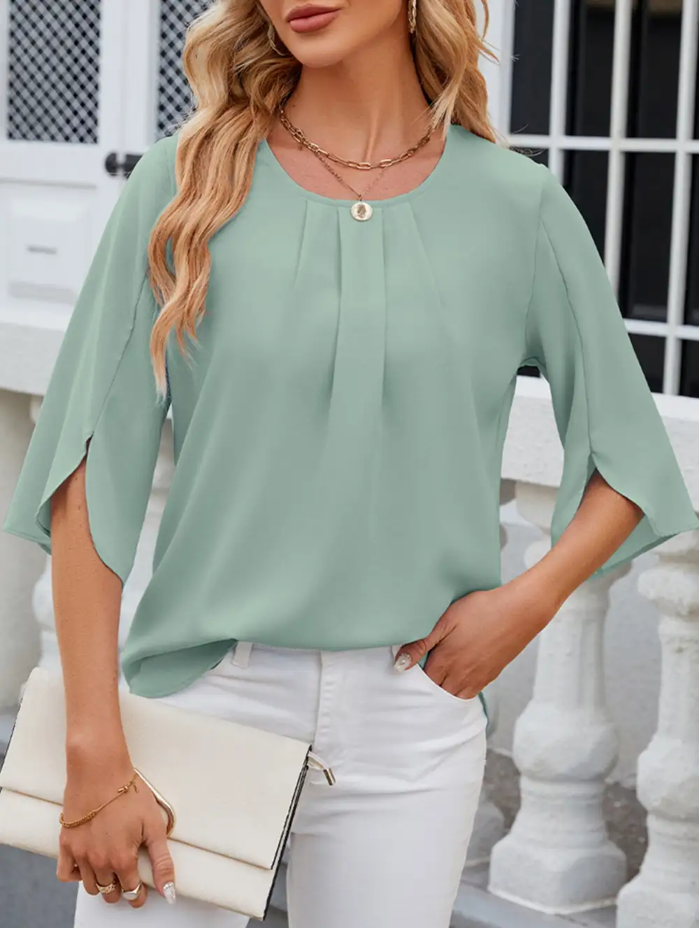 Chiffon Crew Neck Half Sleeve Blouse