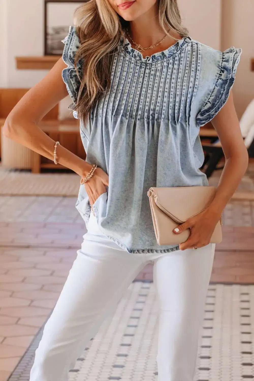 Ruffle Pleated Detail Vintage Washed Top