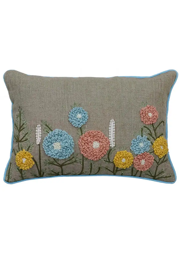 Embroidered Floral Botanical Cotton Round Decorative Cushion Cover