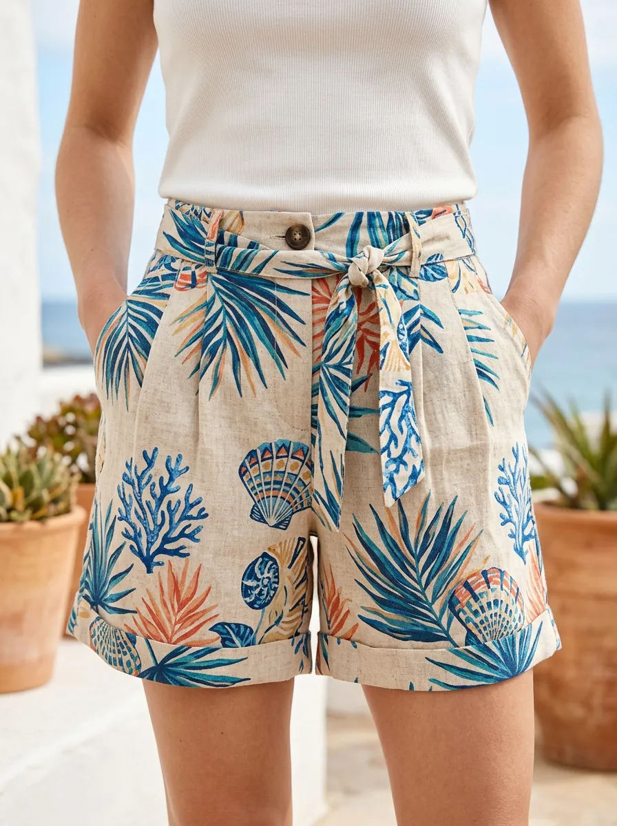 Women's Beach Vacation Tropical Seashell Self Tie Belt Printed Shorts