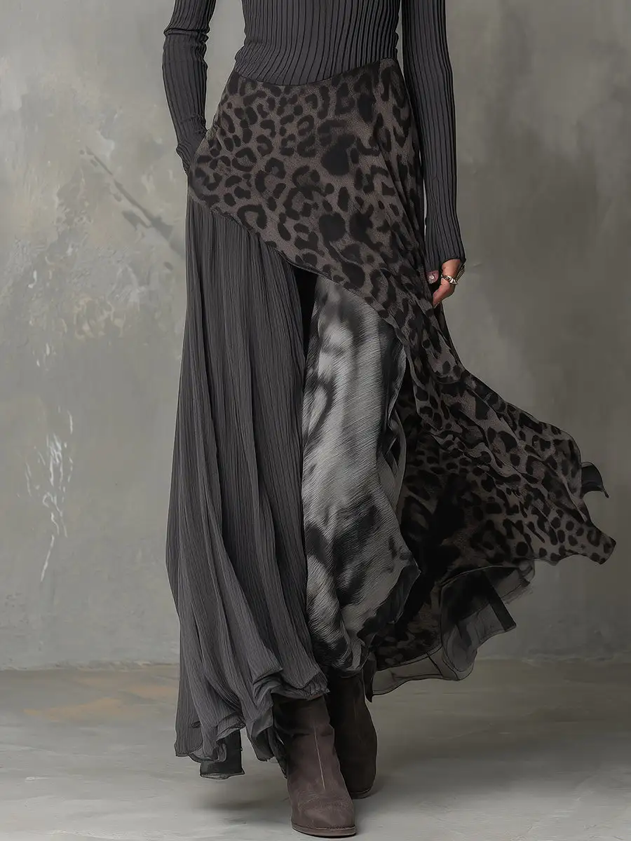 Bohemian Pit Stripe Leopard Print Splicing Irregular Hem Maxi Dress