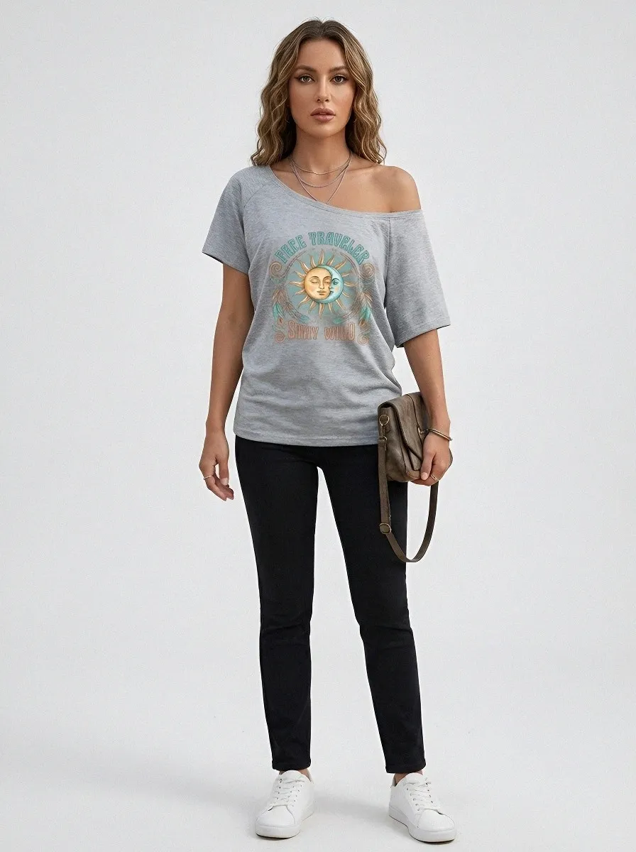 Women's Boho Traveler Sun Moon Feather Printed T-shirt