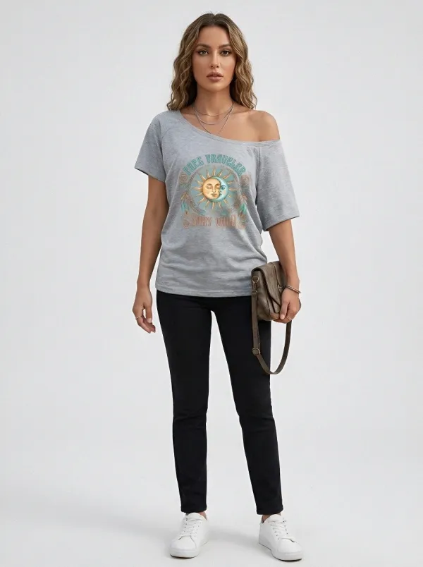 Women's Boho Traveler Sun Moon Feather Printed T-shirt