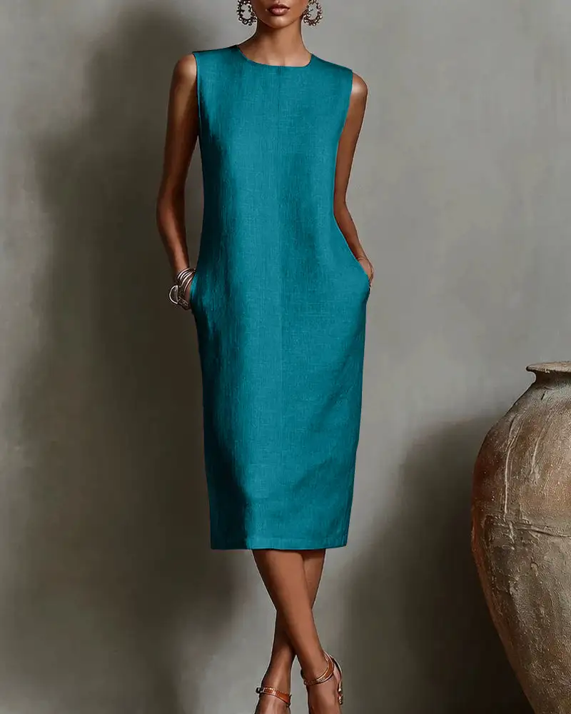 Linen Blend Sleeveless Crew Neck Midi Dress