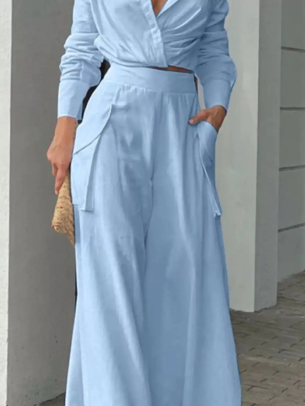 Long Sleeve Shirt Wide Leg Pants Set