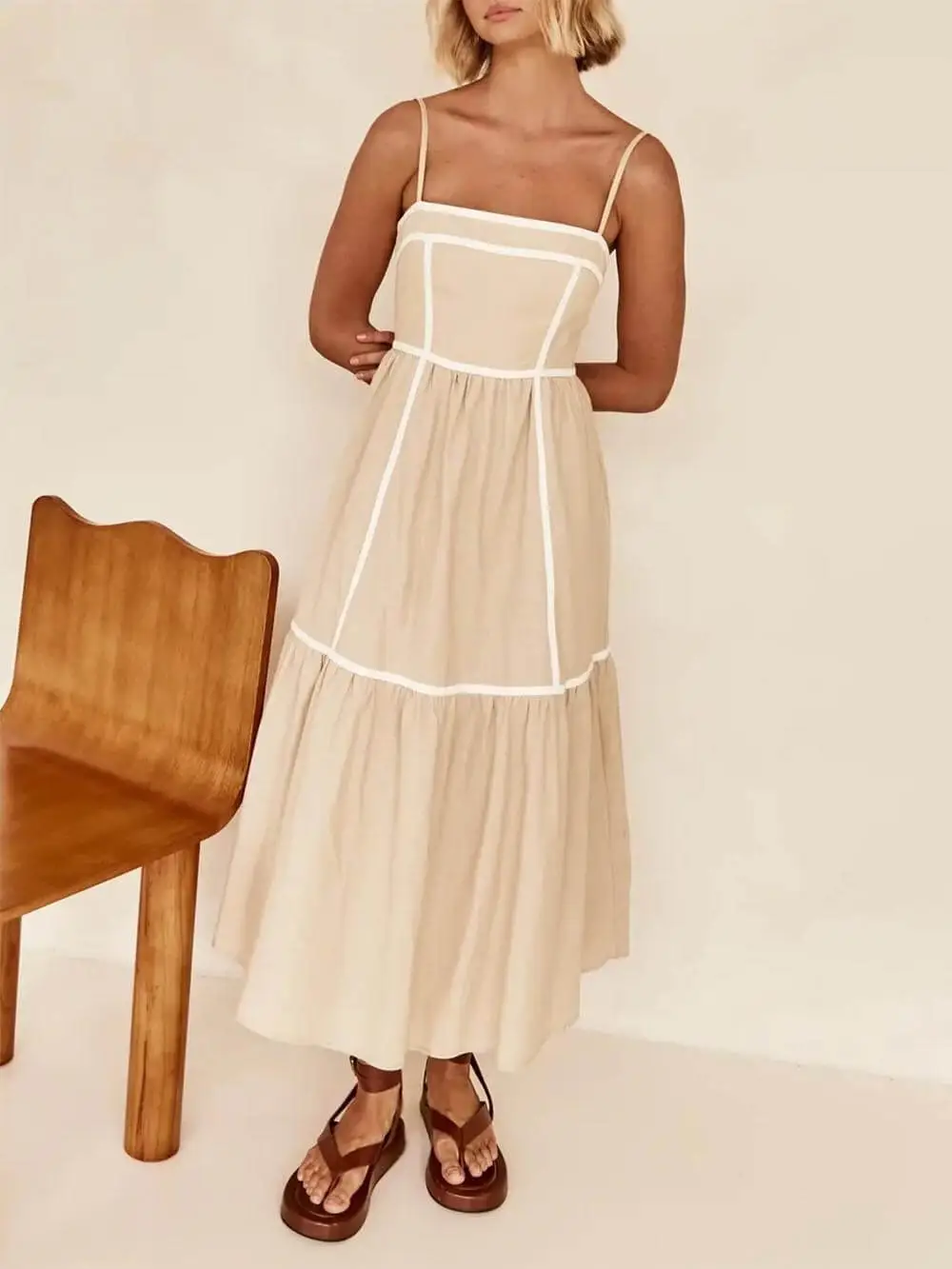 Contrast Trim Adjustable Straps Midi Dress