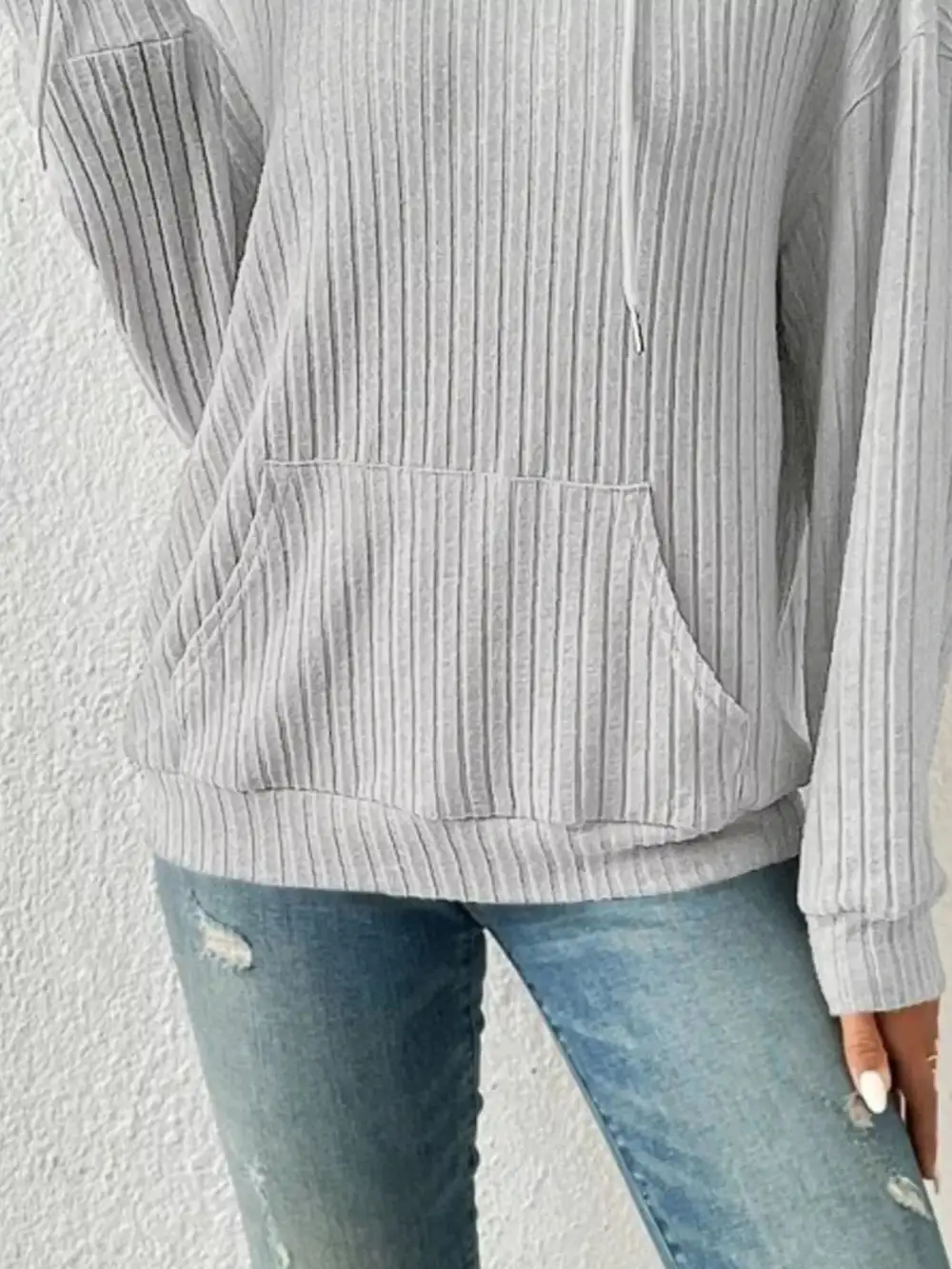 Relaxed Drawstring Pocketed Long-Sleeve Ribbed Hoodie