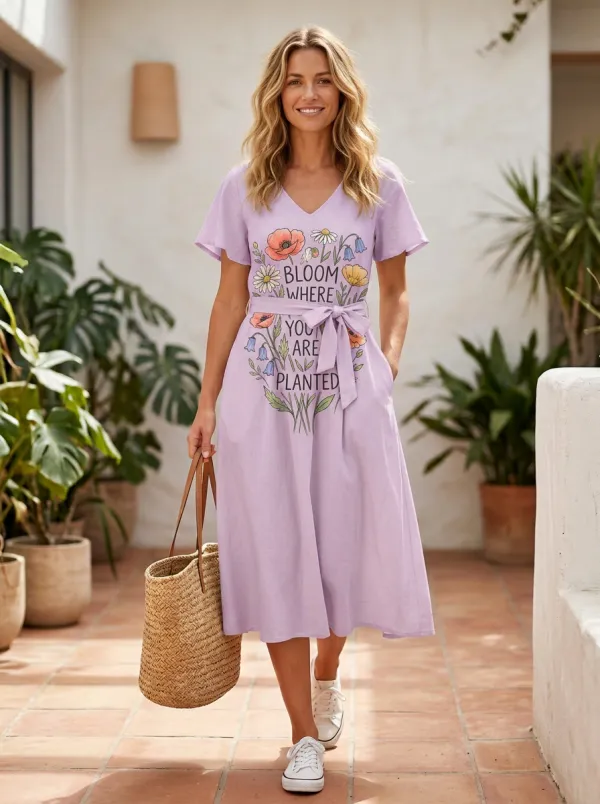Floral Quote Bloom Where Planted Midi Dress