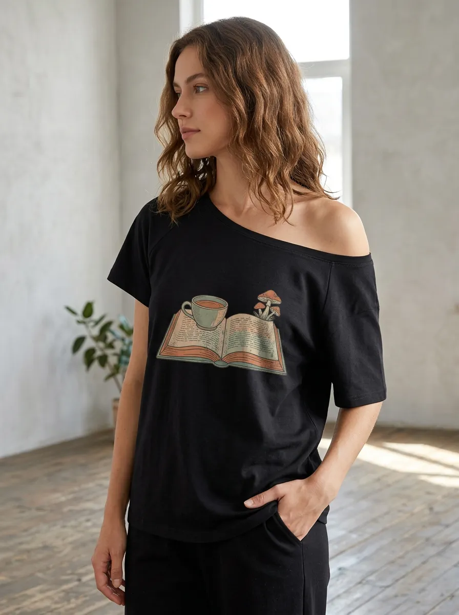 Women's Book Lover Coffee Mushroom Printed Off-Shoulder Top