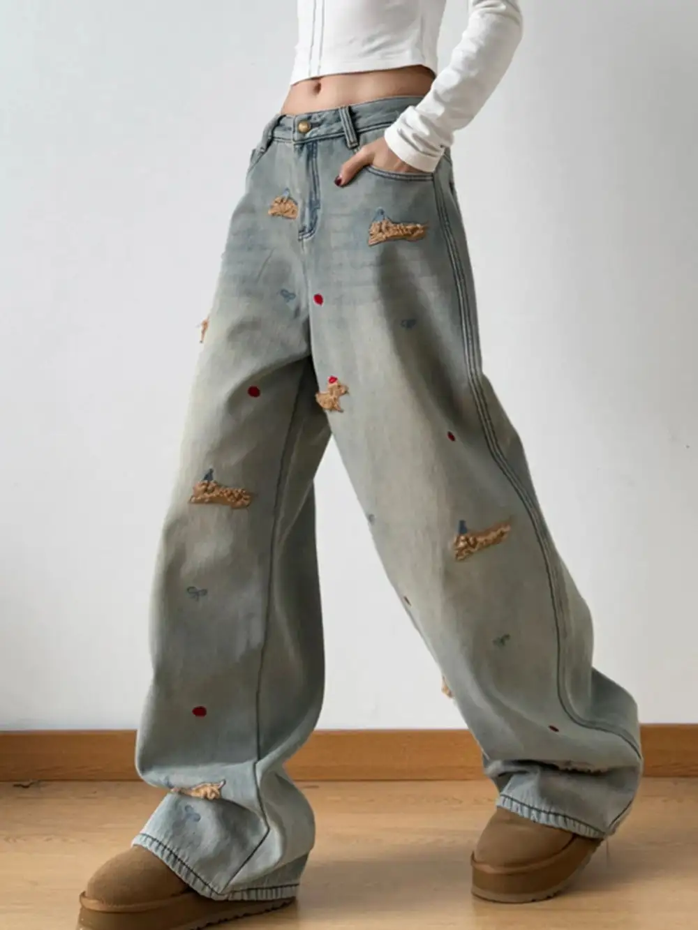 Polished Wide Leg Embroidered Denim Jeans