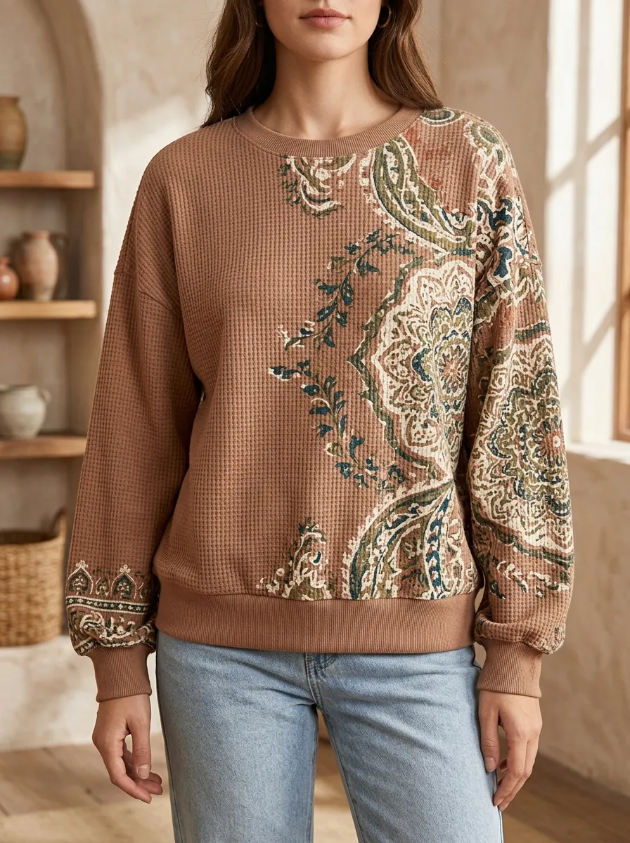 Women's Boho Paisley Floral Casual Waffle Knit Crewneck Sweatshirt