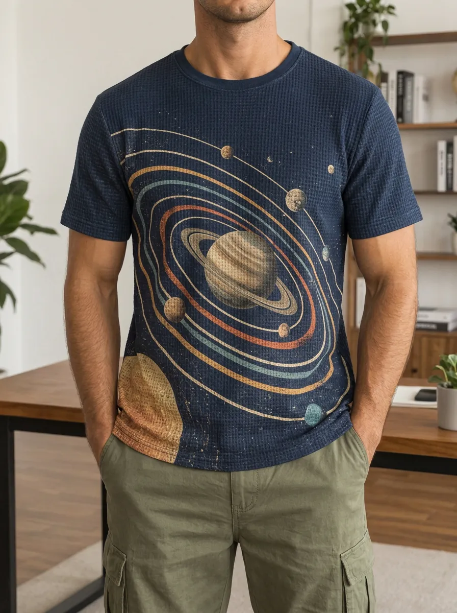 Men's Space Astronomy Lover Saturn Planet Signature Crew Neck T-Shirt