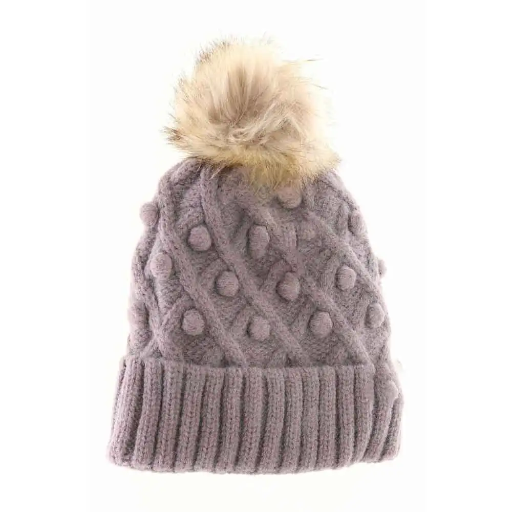 Bobble Knit Faux Fur Pom Beanie