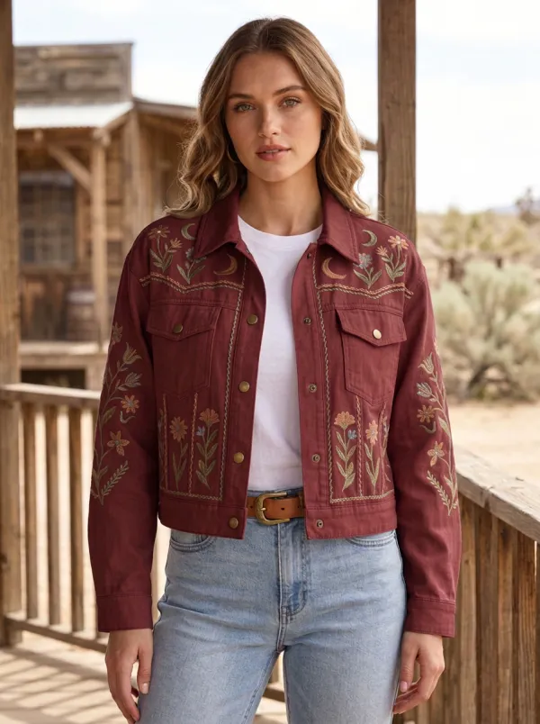 Women's Western Moon Floral Embroidered Denim Jacket
