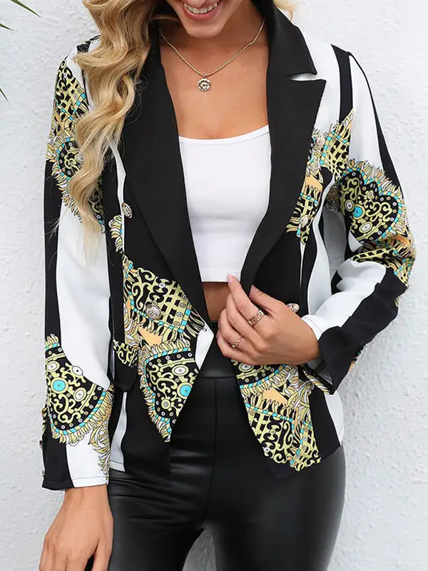 Long Sleeve Relaxed Button Front Pocket Printed Notched Blazer